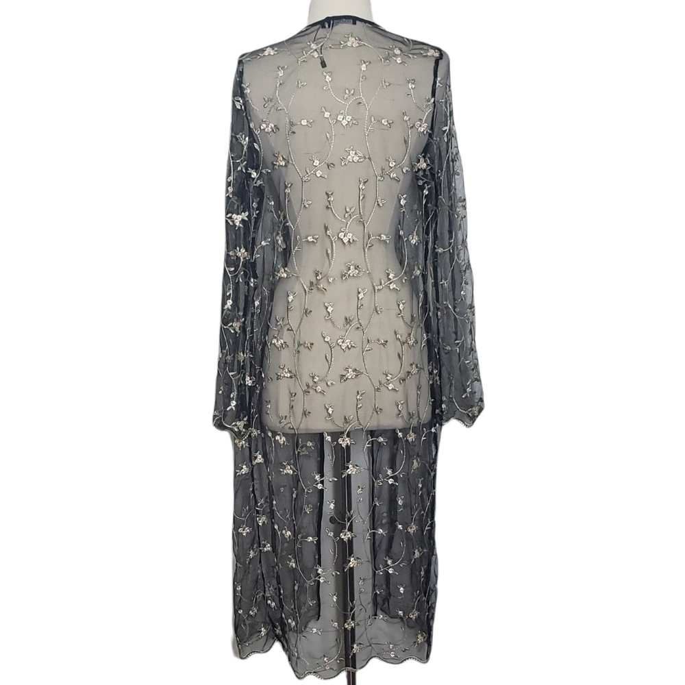 BOOHOO Floral Embroidered Black Mesh Fairy WhimsyGoth Kimono - Picture 6 of 12